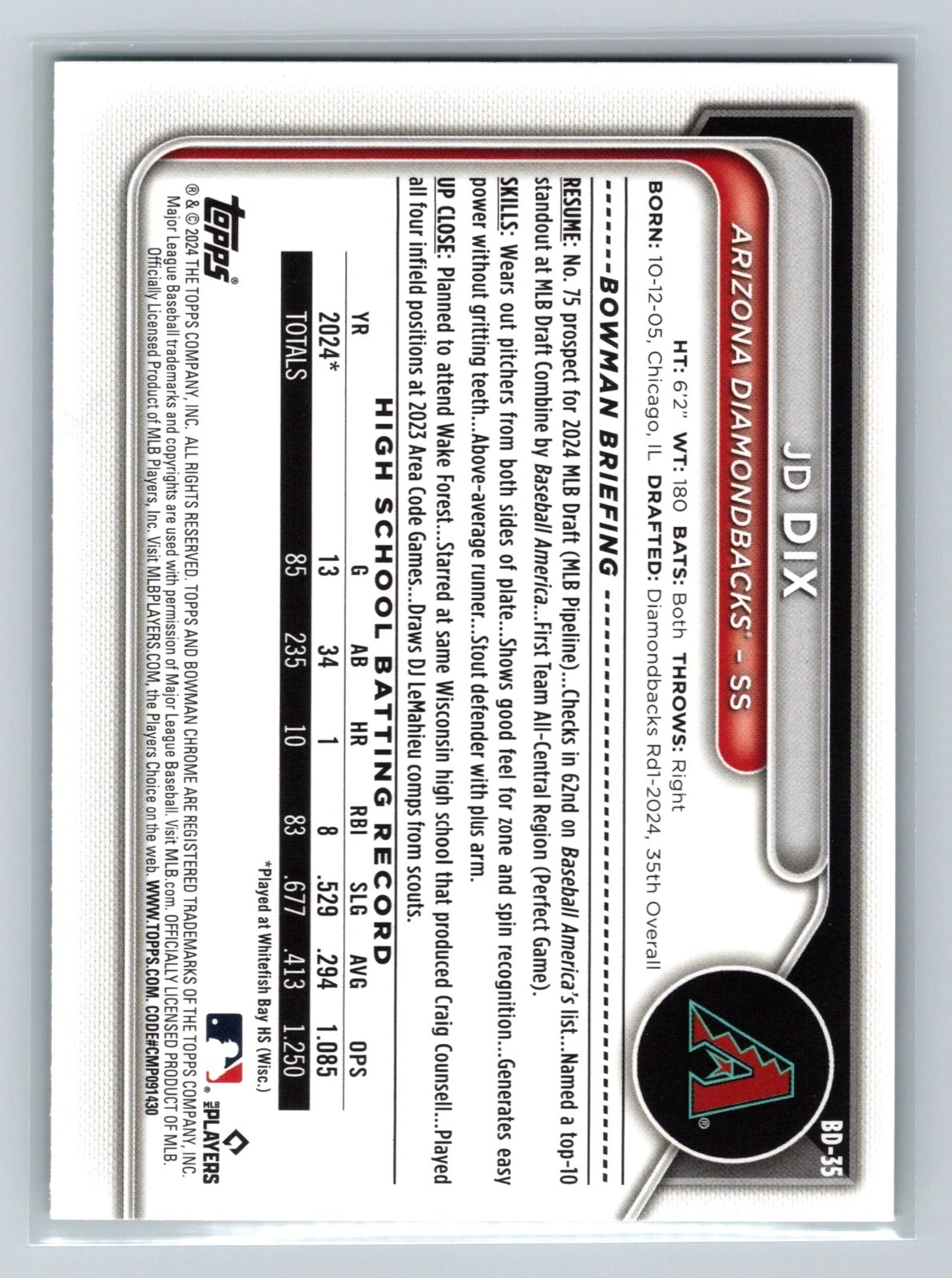 JD Dix 2024 Bowman Draft 1st Paper Green /99 #BD-35 Diamondbacks