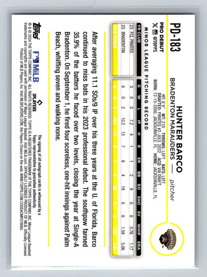 Hunter Barco 2024 Topps Pro Debut Auto #PD-183 Marauders