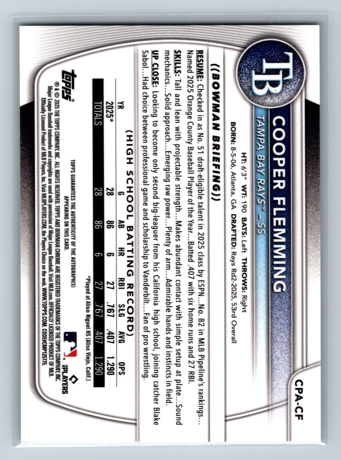 Cooper Flemming 2025 Bowman Draft Chrome 1st Green Auto /99 #CPA-CF Rays