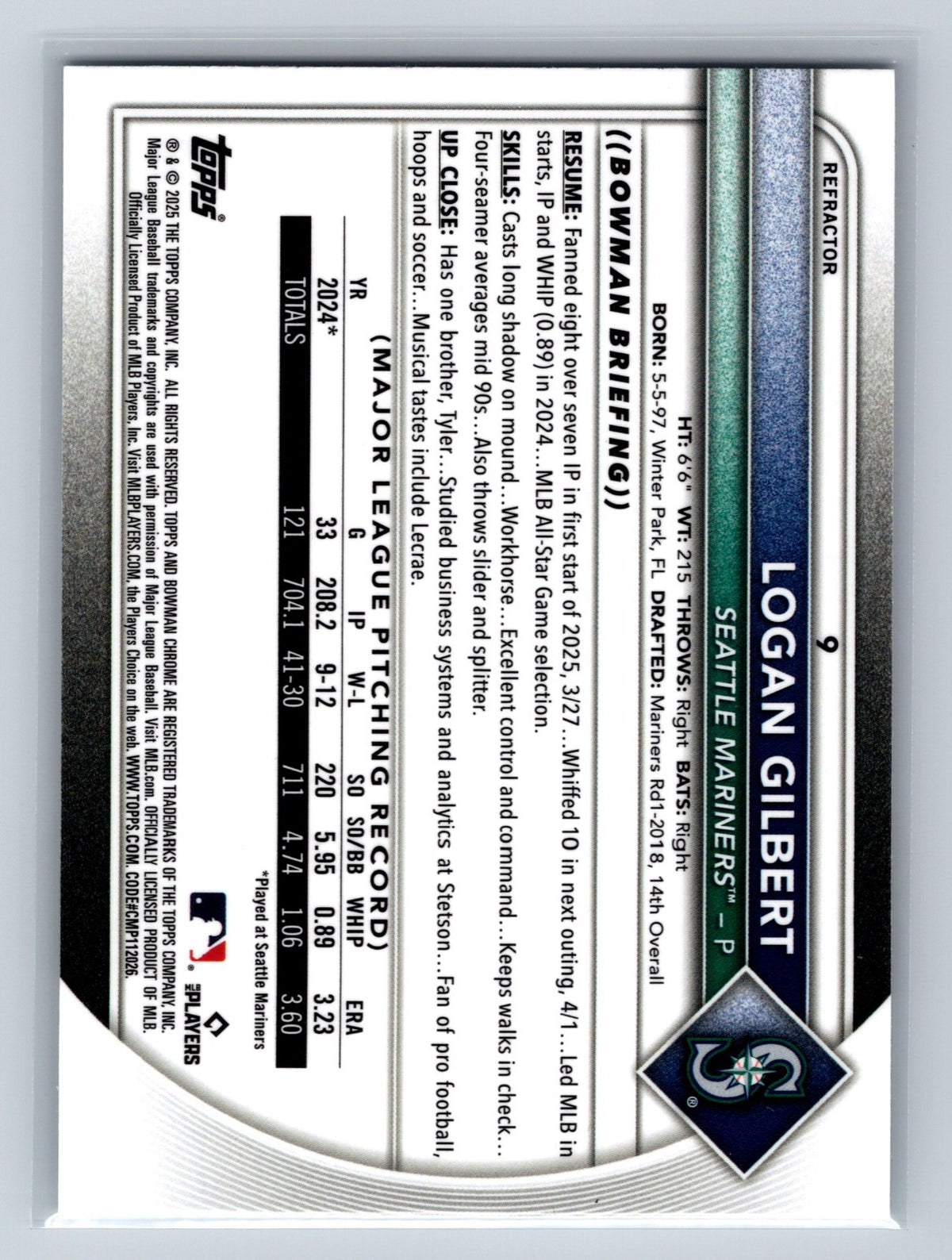 Logan Gilbert Bowman Chrome Refractor /499 #9 Mariners