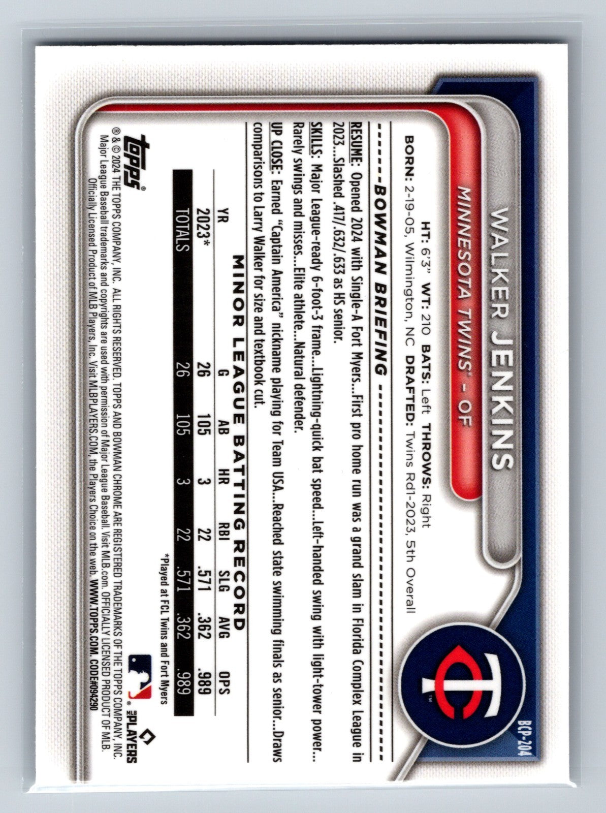 Walker Jenkins 2024 Bowman Chrome Prospects Mojo Refractor #BCP-204 Twins