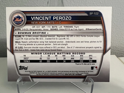 Vincent Perozo 2023 Bowman 1st Paper Sky Blue Parallel /499 #BP-102 Mets