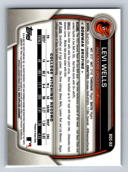 Levi Wells 2023 Bowman Draft Chrome 1st Aqua Lunar Crater Refractor /125 #BDC-92