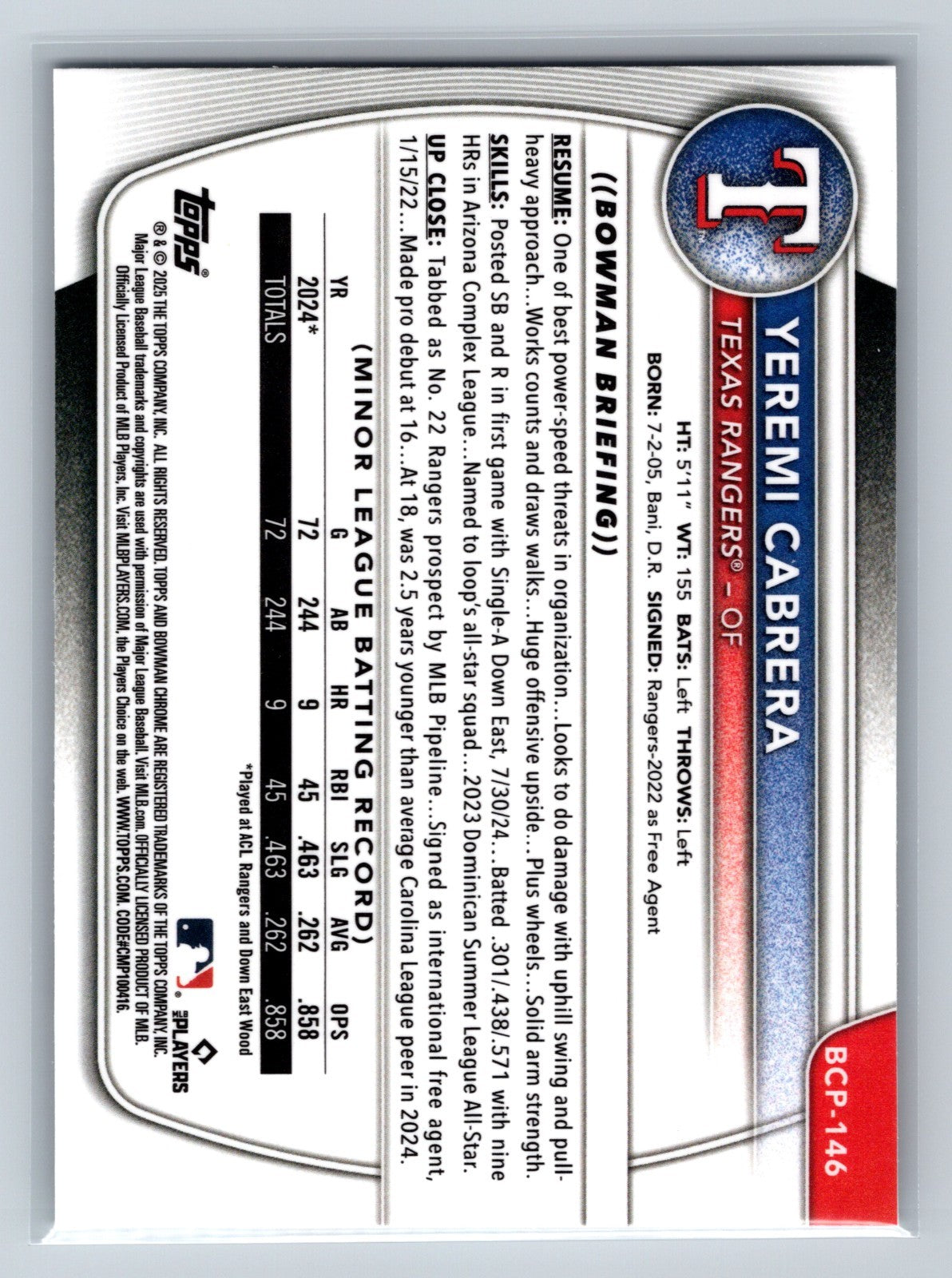 Yeremi Cabrera 2025 Bowman Chrome 1st X-Fractor #BCP-146 Rangers