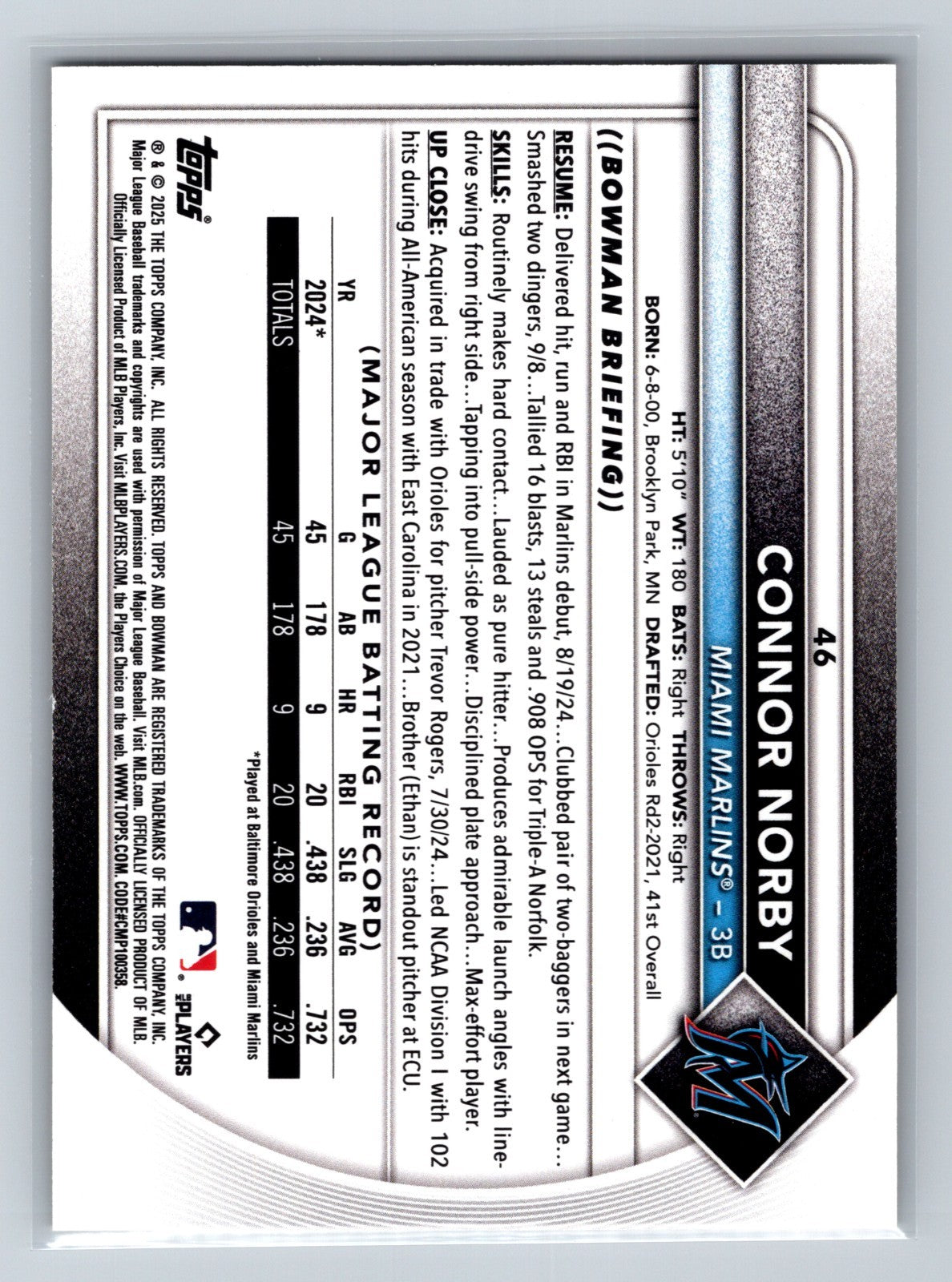 Connor Norby 2025 Bowman Gold RC /50 #46 Marlins