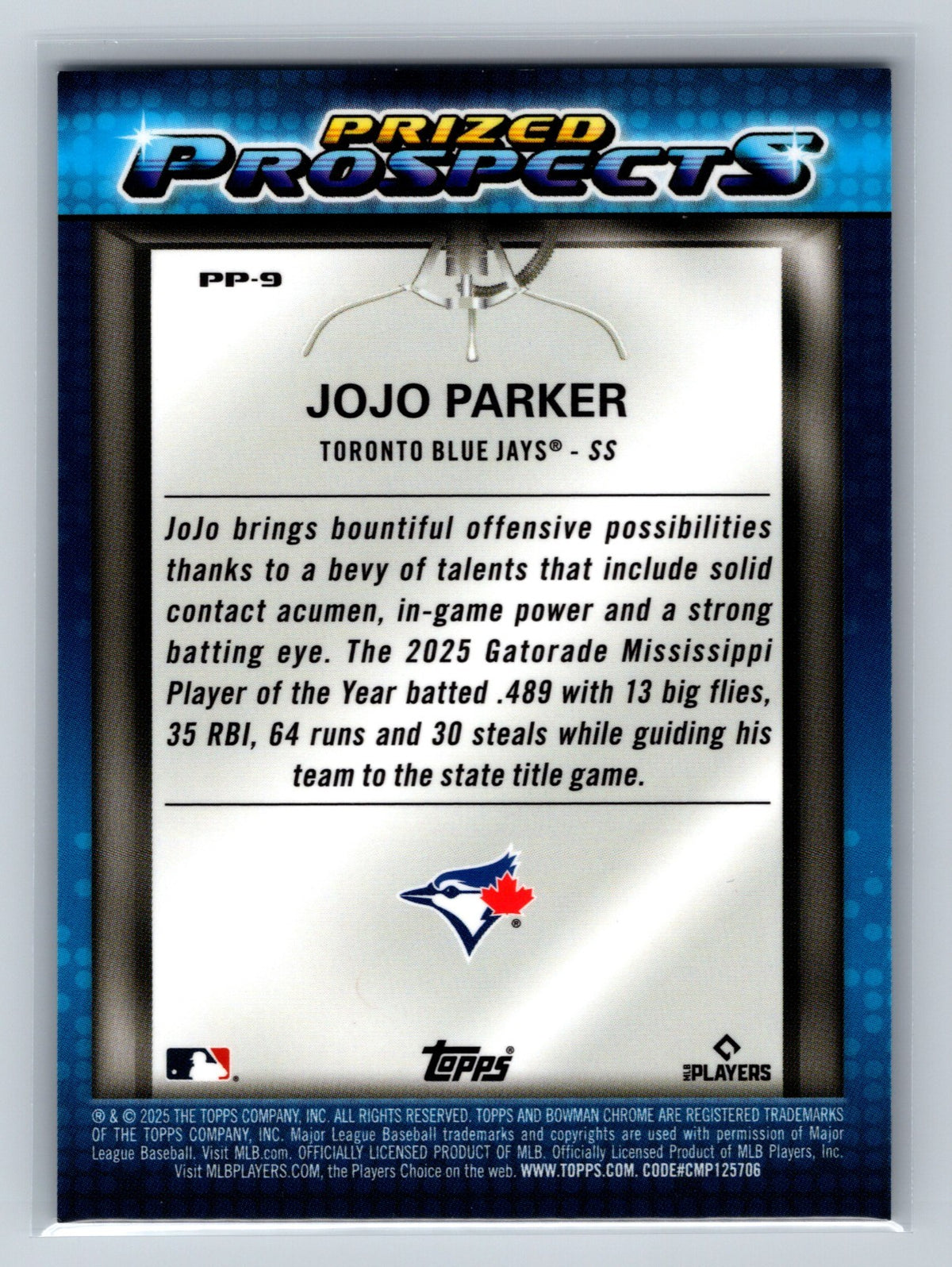JoJo Parker 2025 Bowman Draft Prized Prospects Mini-Diamond Refractor /150 #PP-9
