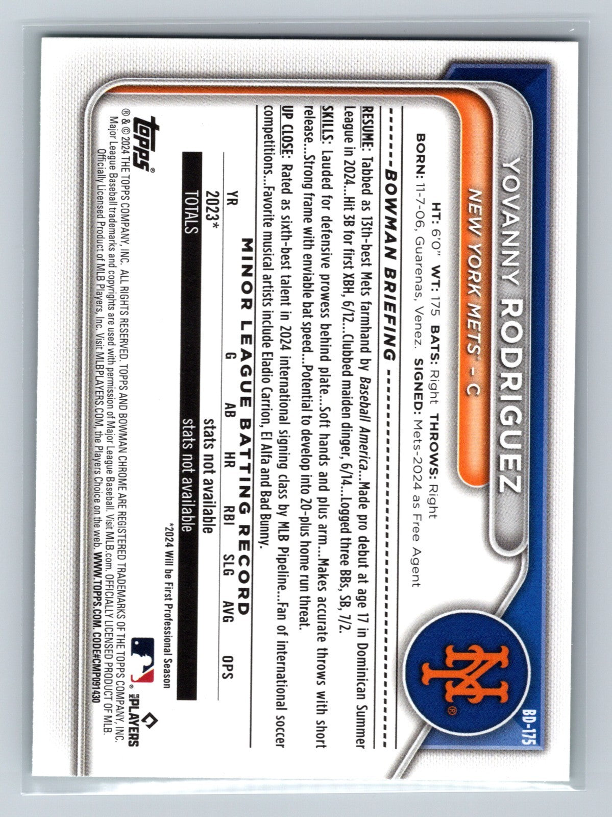 Yovanny Rodriguez 2024 Bowman Draft Paper Green /99 #BD-175 Mets