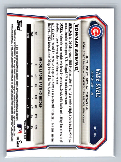 Kade Snell 2026 Bowman Chrome 1st Reptilian Refractor #BCP-105 Cubs
