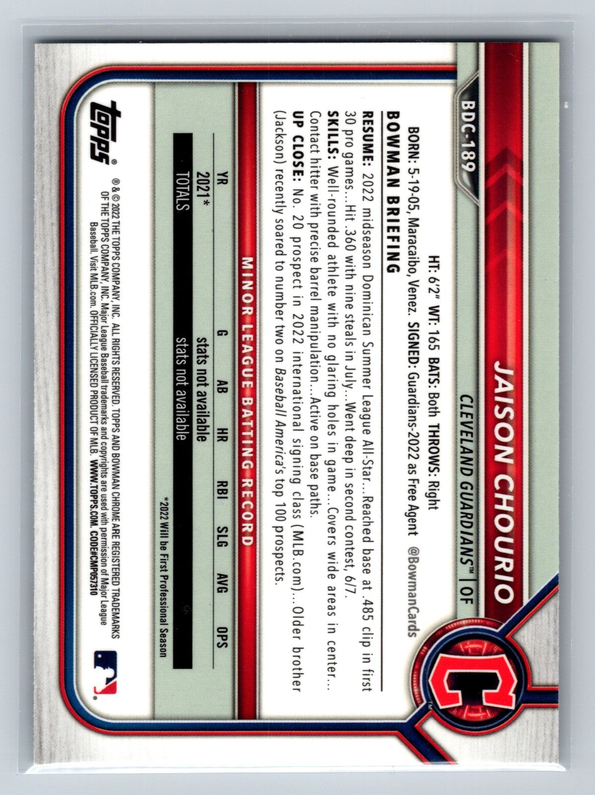 Jaison Chourio 2022 Bowman Draft Chrome Prospect Sparkle Refractor #BDC-189
