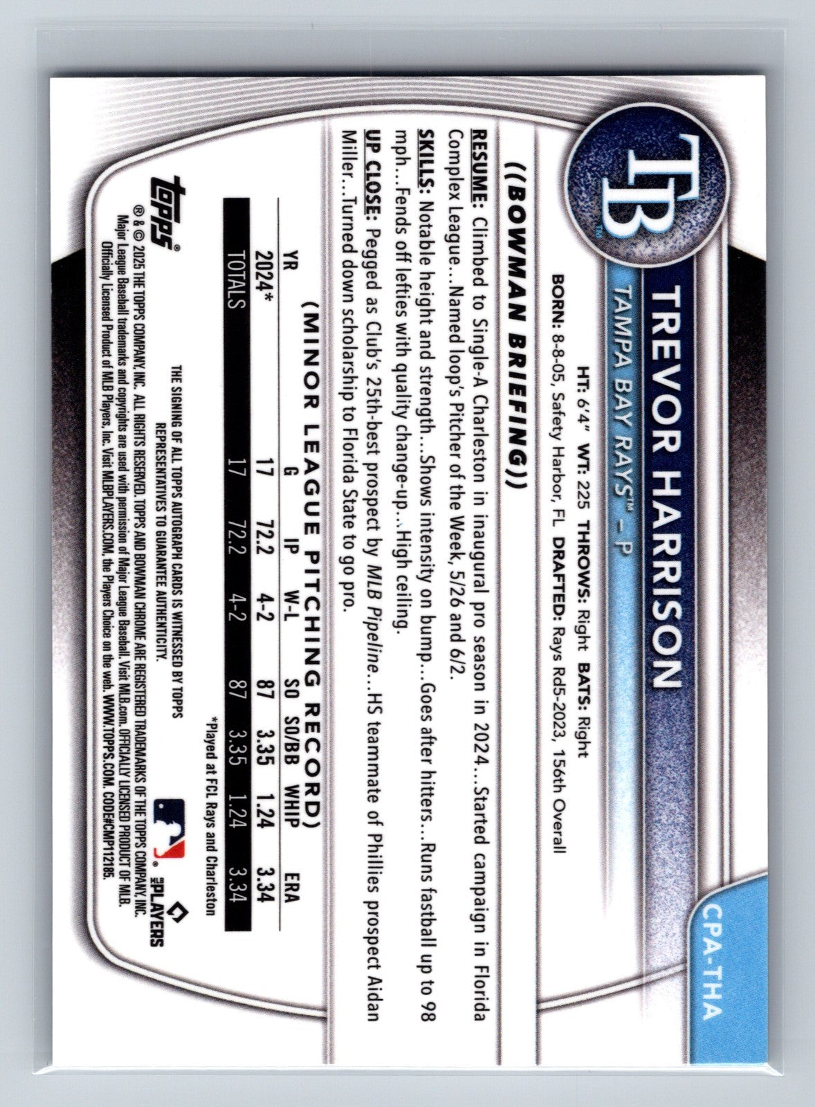 Trevor Harrison 2025 Bowman Chrome 1st Blue Reptilian Refractor Auto /150
