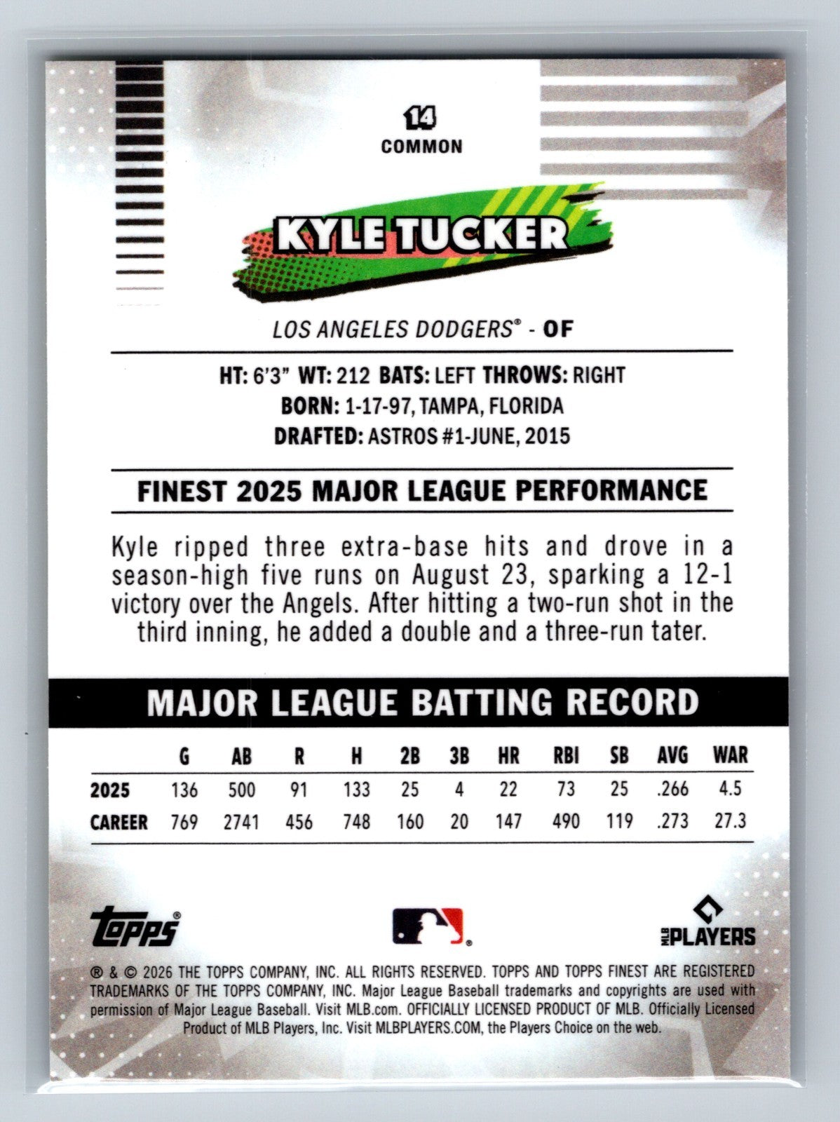 Kyle Tucker 2026 Topps Finest Common Yellow Refractor /275 #14 Dodgers