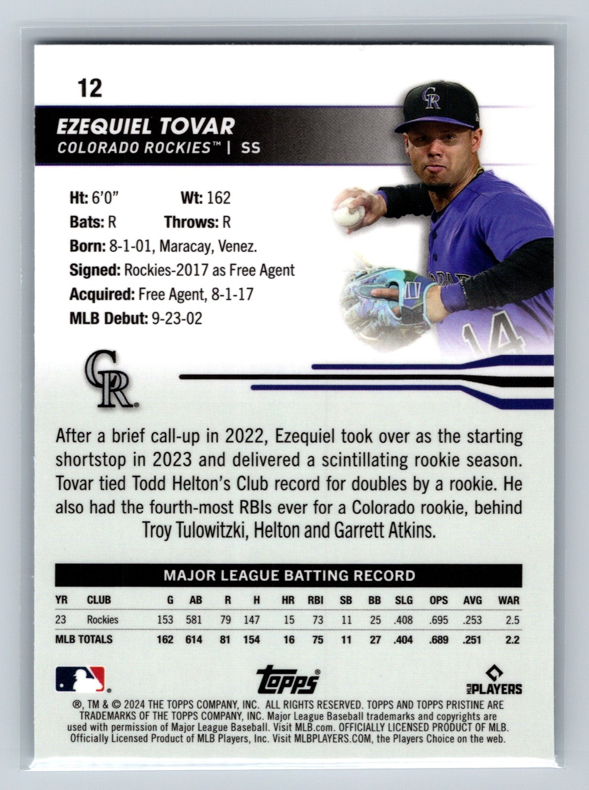 Ezequiel Tovar 2024 Topps Pristine Green Refractor /150 #12 Rockies