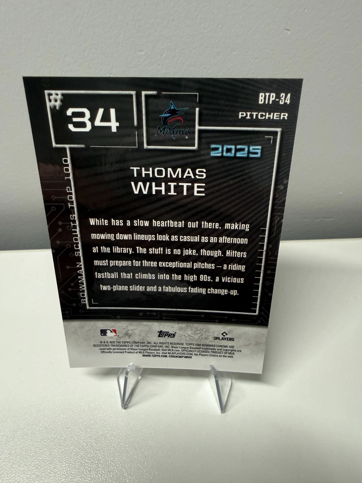 Thomas White 2025 Bowman Scouts Top 100 Gold Refractor /50 #BTP-34 Marlins