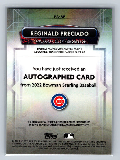 Reginald Preciado 2022 Bowman Sterling Gold Refractor Auto /50 #PA-RP Cubs