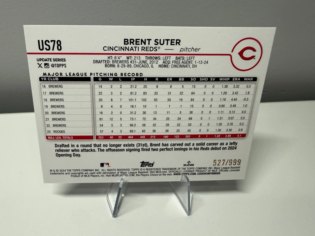 Brent Suter 2024 Topps Update Series Blue Holo Foilboard /999 #US78 Reds