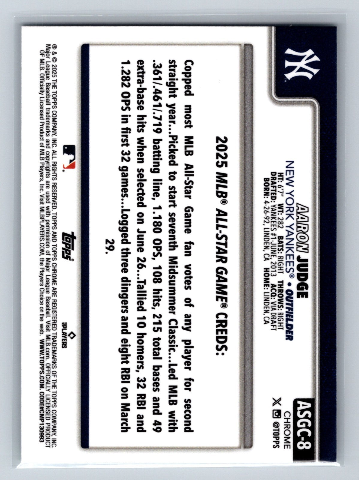 Aaron Judge 2025 Topps Chrome Update Series All-Star Game #ASGC-8 Yankees