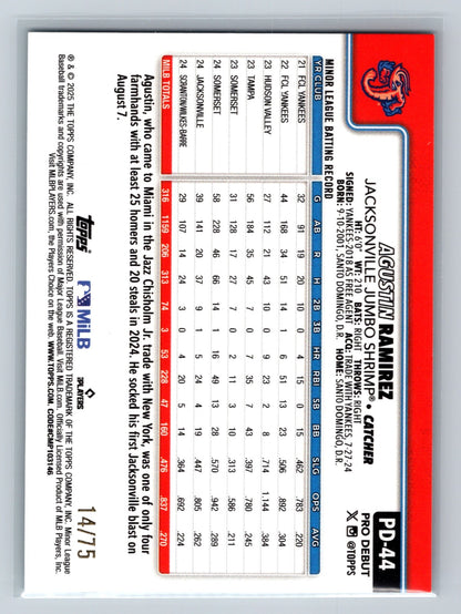 Agustin Ramirez 2025 Topps Pro Debut Aqua Foil /75 #PD-44 Jumbo Shrimp