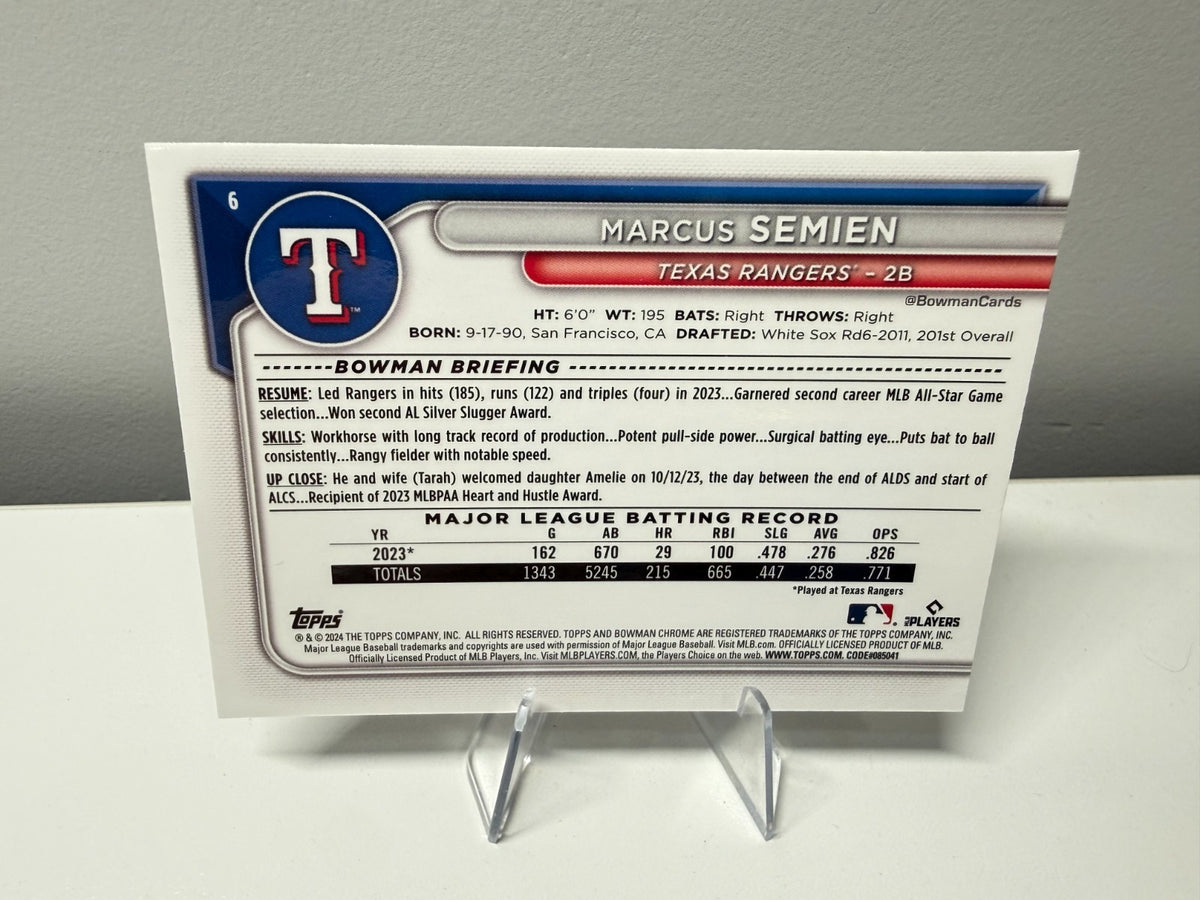 Marcus Semien 2024 Bowman Chrome Blue Refractor /150 #6 Rangers