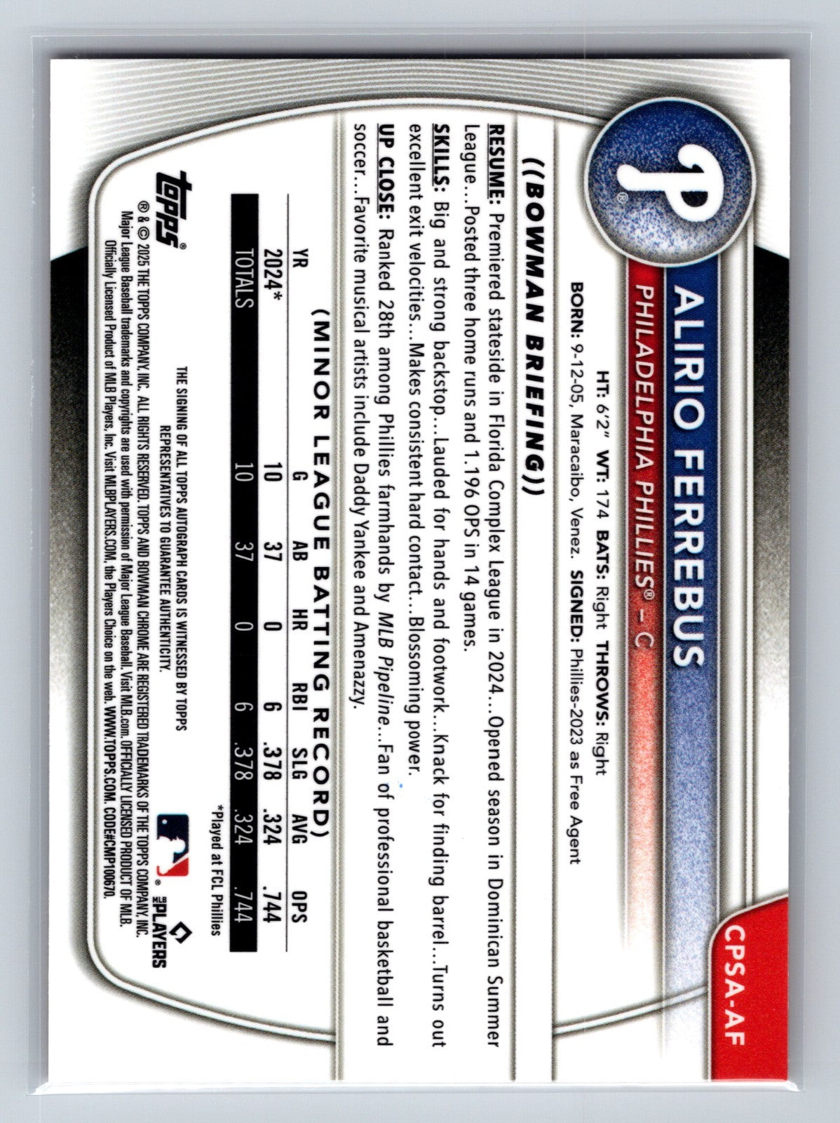 Alirio Ferrebus 2025 Bowman Chrome 1st Sapphire Orange Refractor Auto /25
