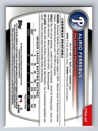 Alirio Ferrebus 2025 Bowman Chrome 1st Sapphire Orange Refractor Auto /25