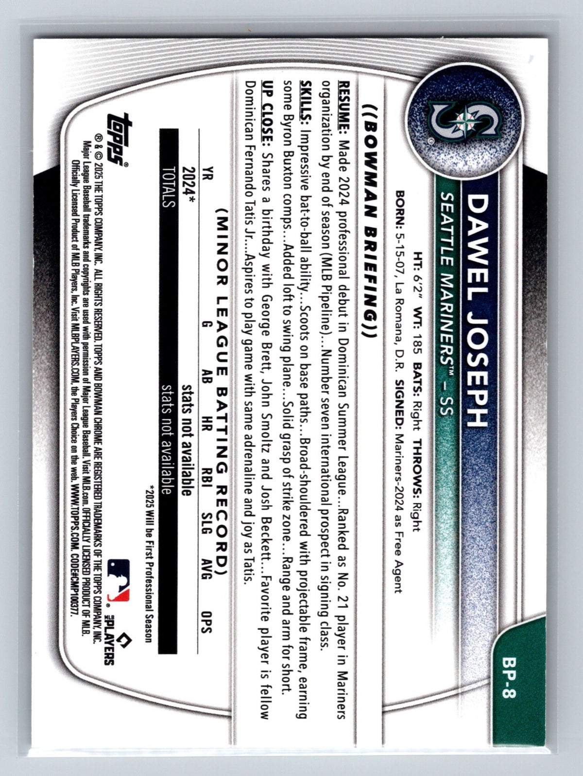 Dawel Joseph 2025 Bowman Paper Prospect Gold /50 #BP-8 Mariners