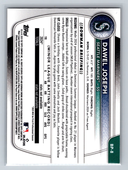 Dawel Joseph 2025 Bowman Paper Prospect Gold /50 #BP-8 Mariners