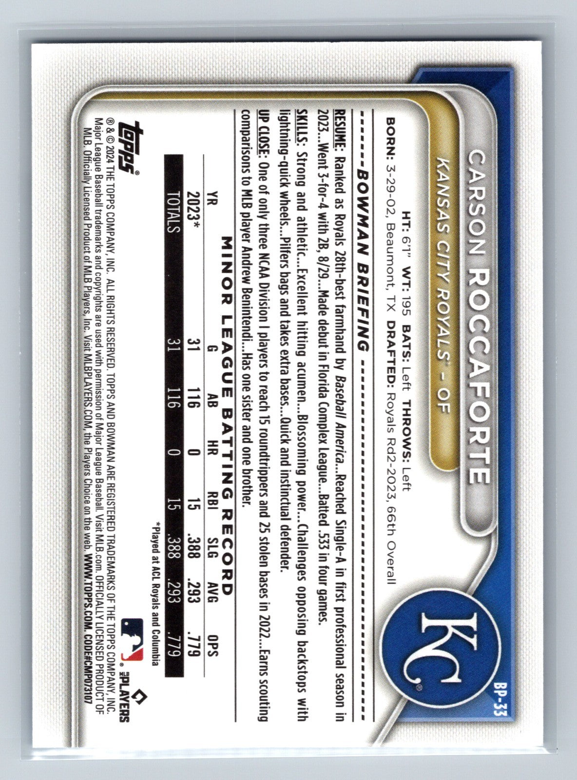 Carson Roccarforte 2024 Bowman Paper Prospects Blue Pattern /125 #BP-33 Royals