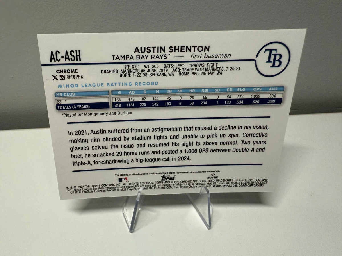 Austin Shenton 2024 Topps Chrome Update Blue Refractor Auto RC /150 #AC-ASH Rays