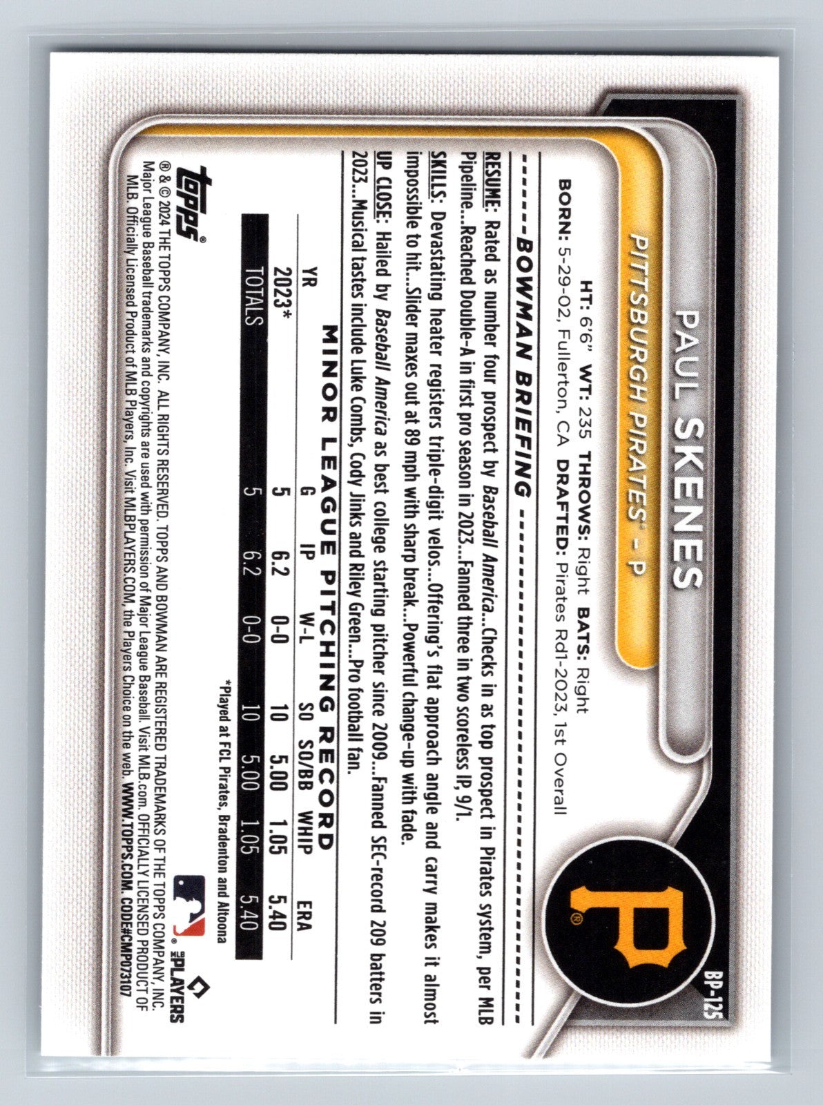 Paul Skenes 2024 Bowman Paper Prospects #BP-125 Pirates
