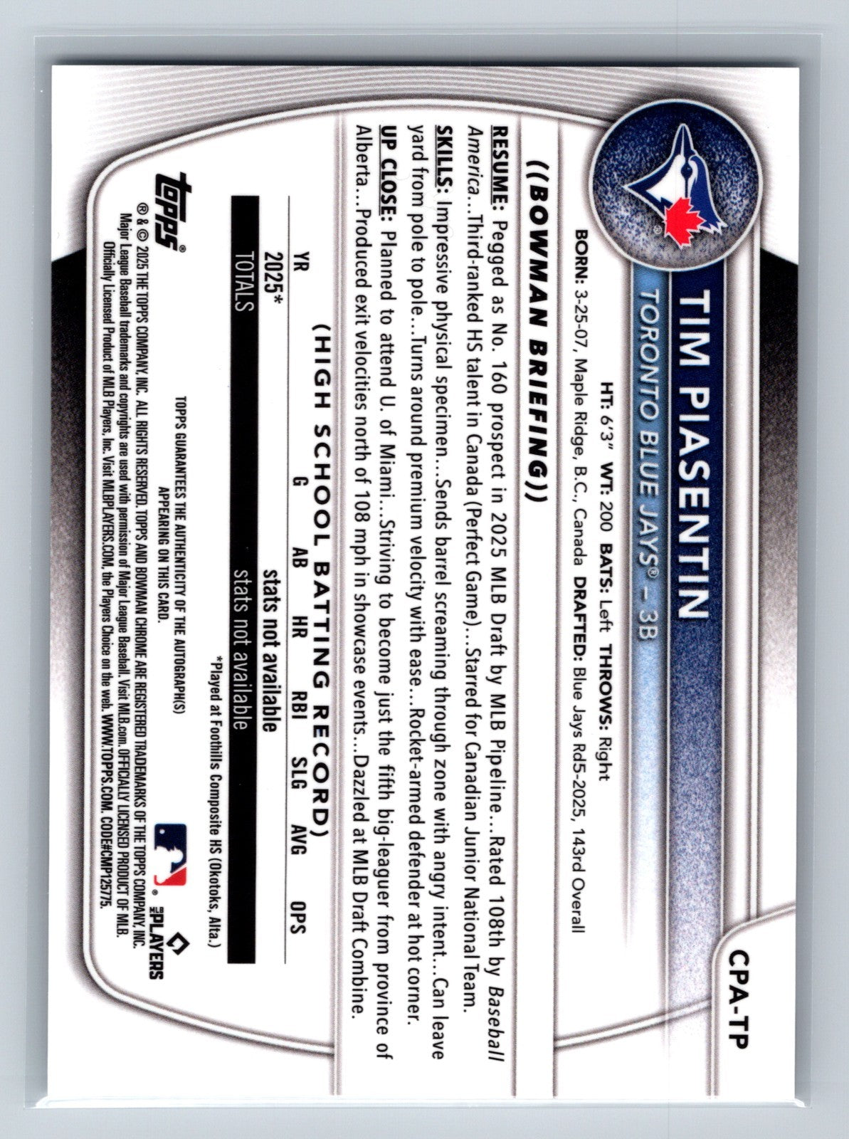 Tim Piasentin 2025 Bowman Chrome 1st Auto #CPA-TP Blue Jays
