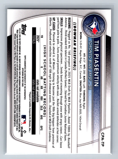 Tim Piasentin 2025 Bowman Chrome 1st Auto #CPA-TP Blue Jays