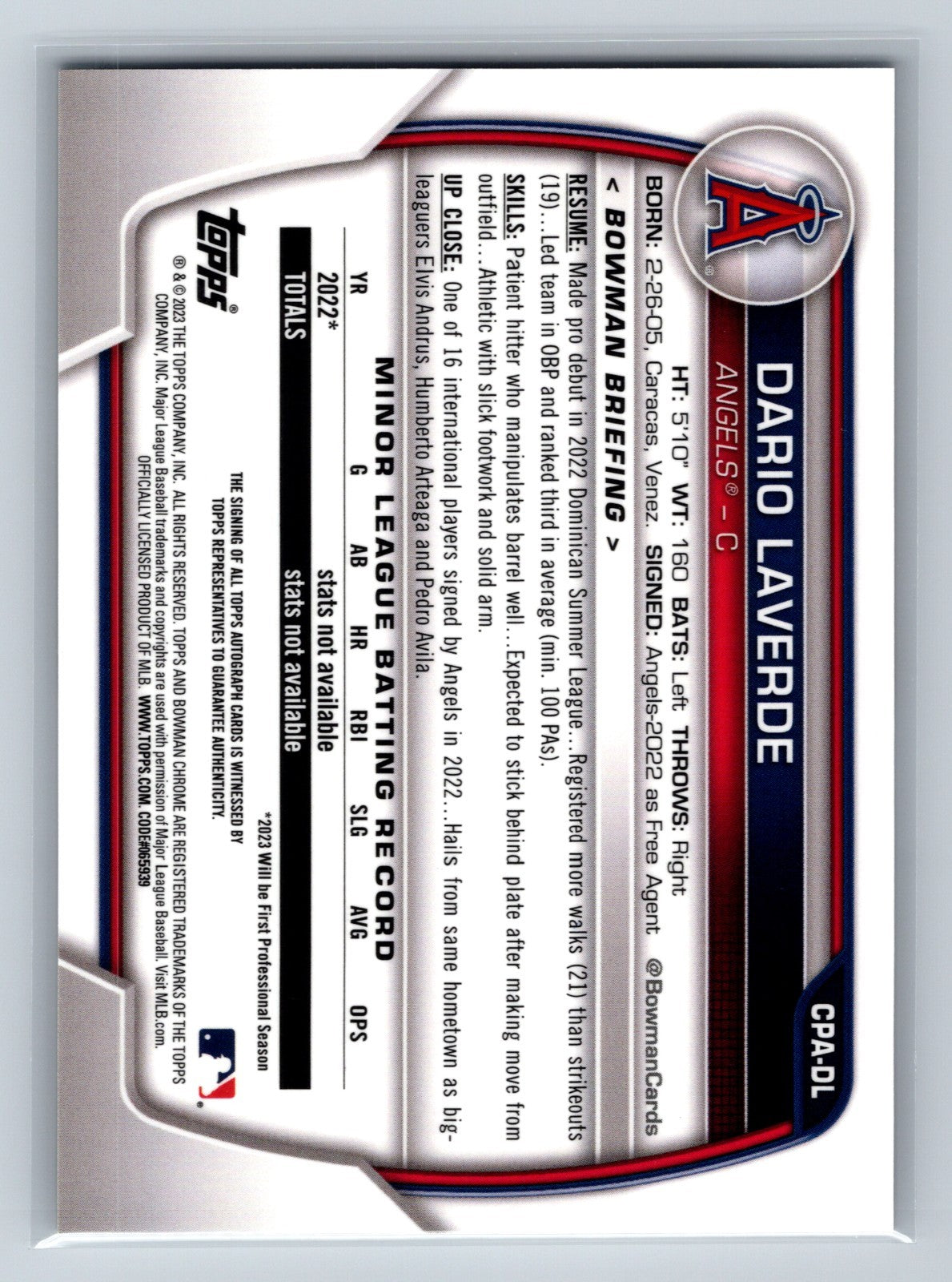 Dario Laverde 2023 Bowman Chrome 1st Auto #CPA-DL Angels