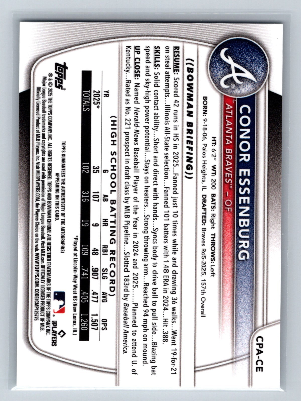Conor Essenburg 2025 Bowman Chrome 1st Auto #CPA-CE Braves