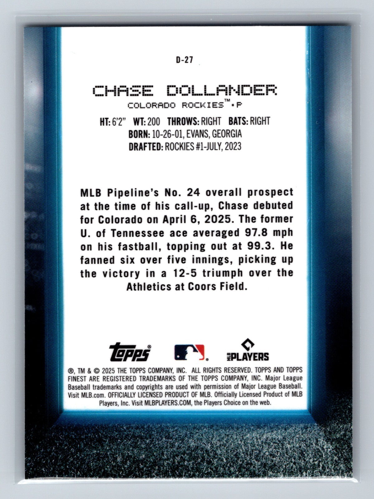 Chase Dollander 2025 Topps Finest Debut Blue Refractor RC #D-27 Rockies