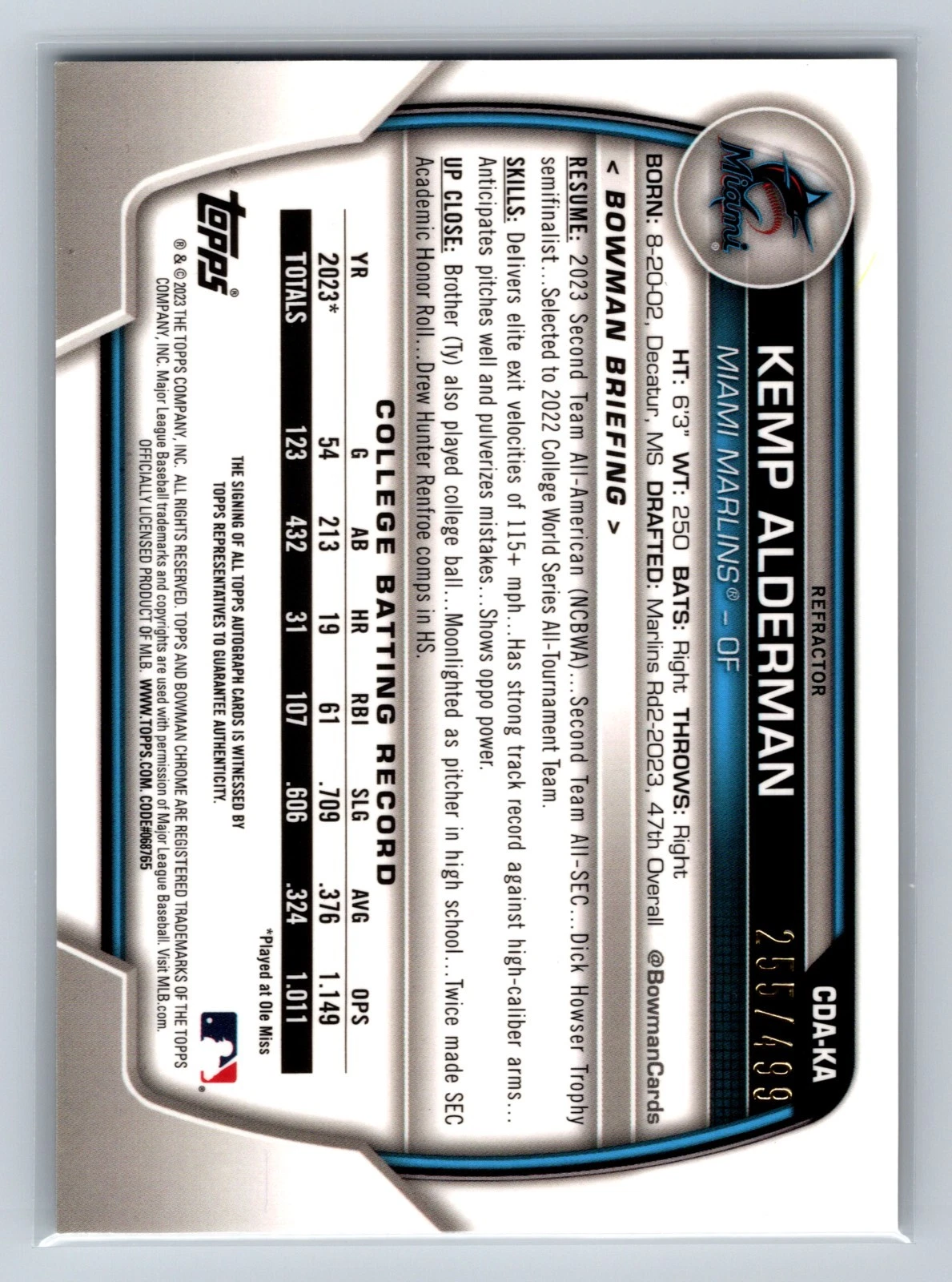 Kemp Alderman 2023 Bowman Draft Chrome 1st Refractor Auto /499 #CDA-KA Marlins
