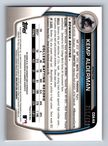 Kemp Alderman 2023 Bowman Draft Chrome 1st Refractor Auto /499 #CDA-KA Marlins