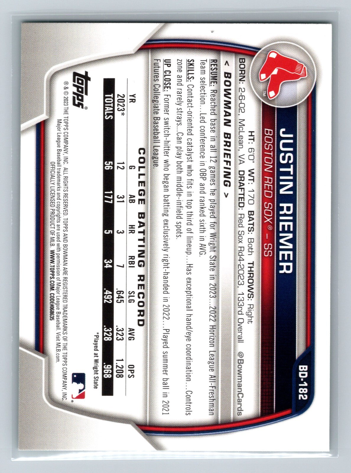 Justin Riemer 2023 Bowman Draft 1st Paper Green /99 #BD-182 Red Sox