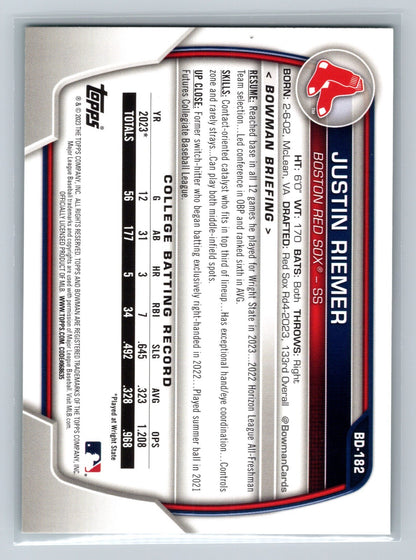 Justin Riemer 2023 Bowman Draft 1st Paper Green /99 #BD-182 Red Sox