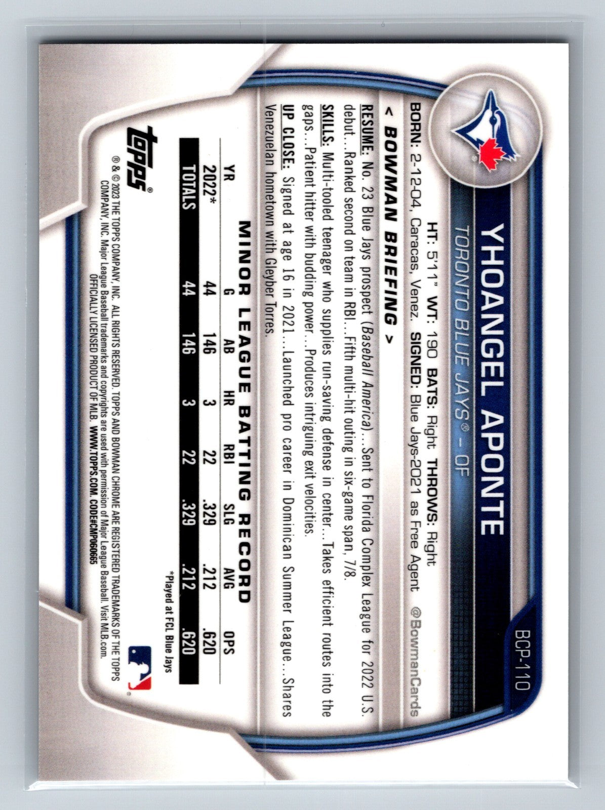 Yhoangel Aponte 2023 Bowman Chrome 1st Gold Shimmer Refractor /50 #BCP-110