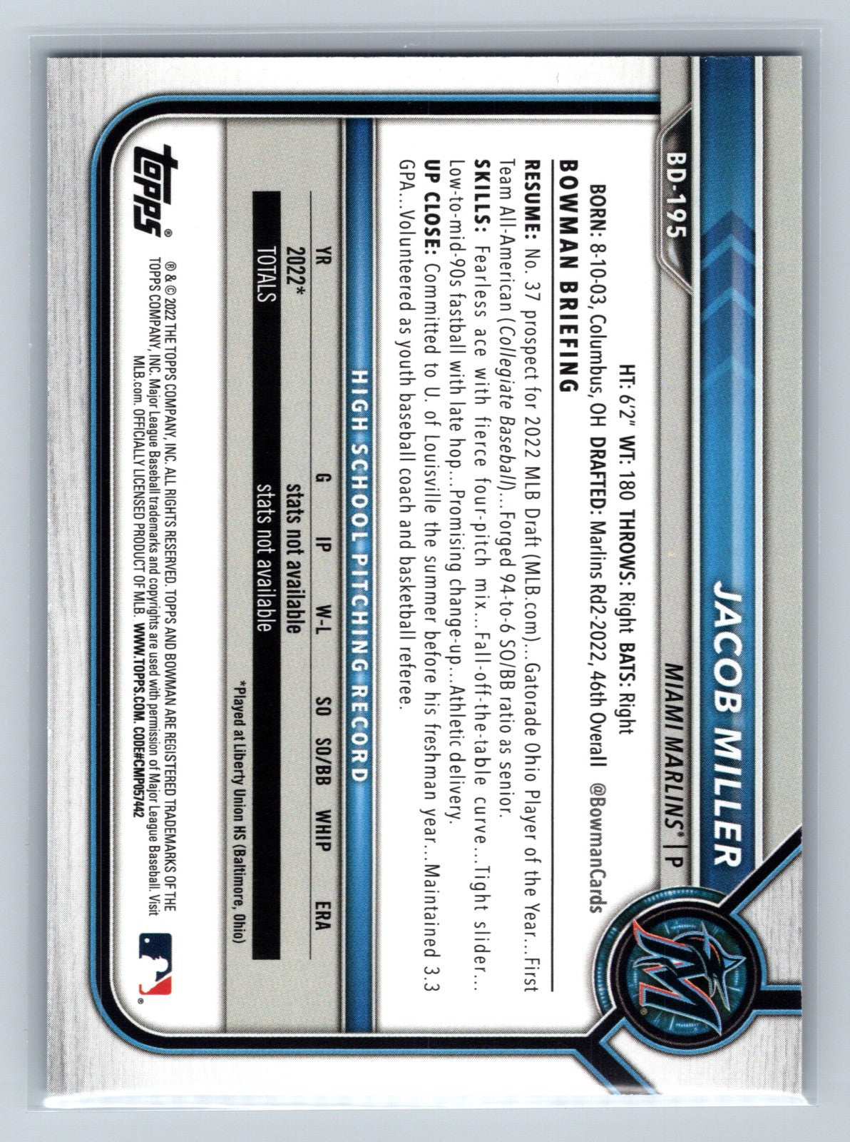 Jacob Miller 2022 Bowman Draft 1st Edition Paper Sky Blue Foil #BD-195 Marlins