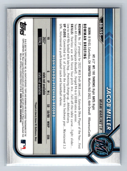 Jacob Miller 2022 Bowman Draft 1st Edition Paper Sky Blue Foil #BD-195 Marlins