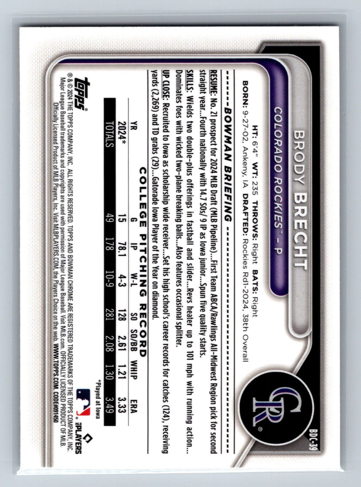 Brody Brecht 2024 Bowman Draft Chrome 1st Gold Sapphire Refractor /50 #BDC-39