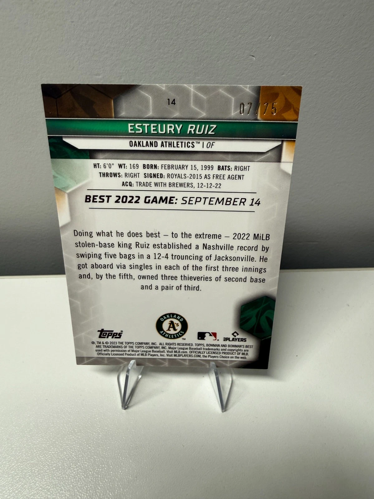 Esteury Ruiz 2023 Bowman's Best Gold Lava Refractor RC /75 #14 Athletics
