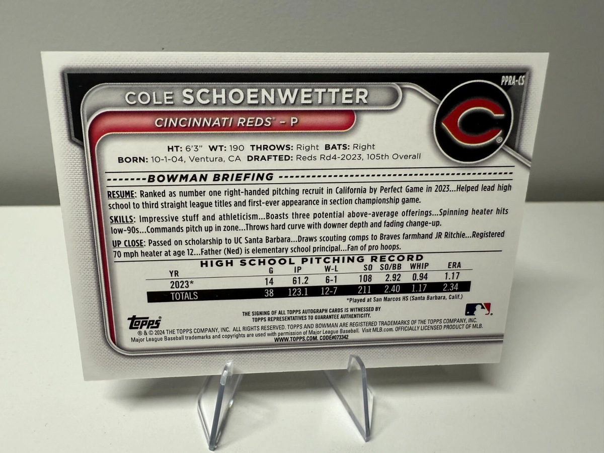 Cole Schoenwetter 2024 Bowman Paper Prospect Blue Auto /150 #PPRA-CS Reds
