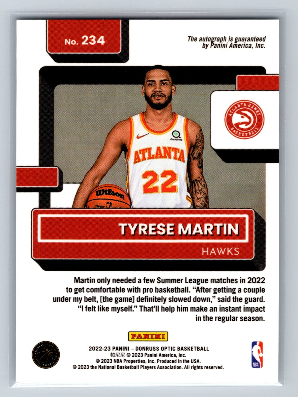 Tyrese Martin 2022-23 Panini Donruss Optic Rated Rookie Auto #234 Hawks