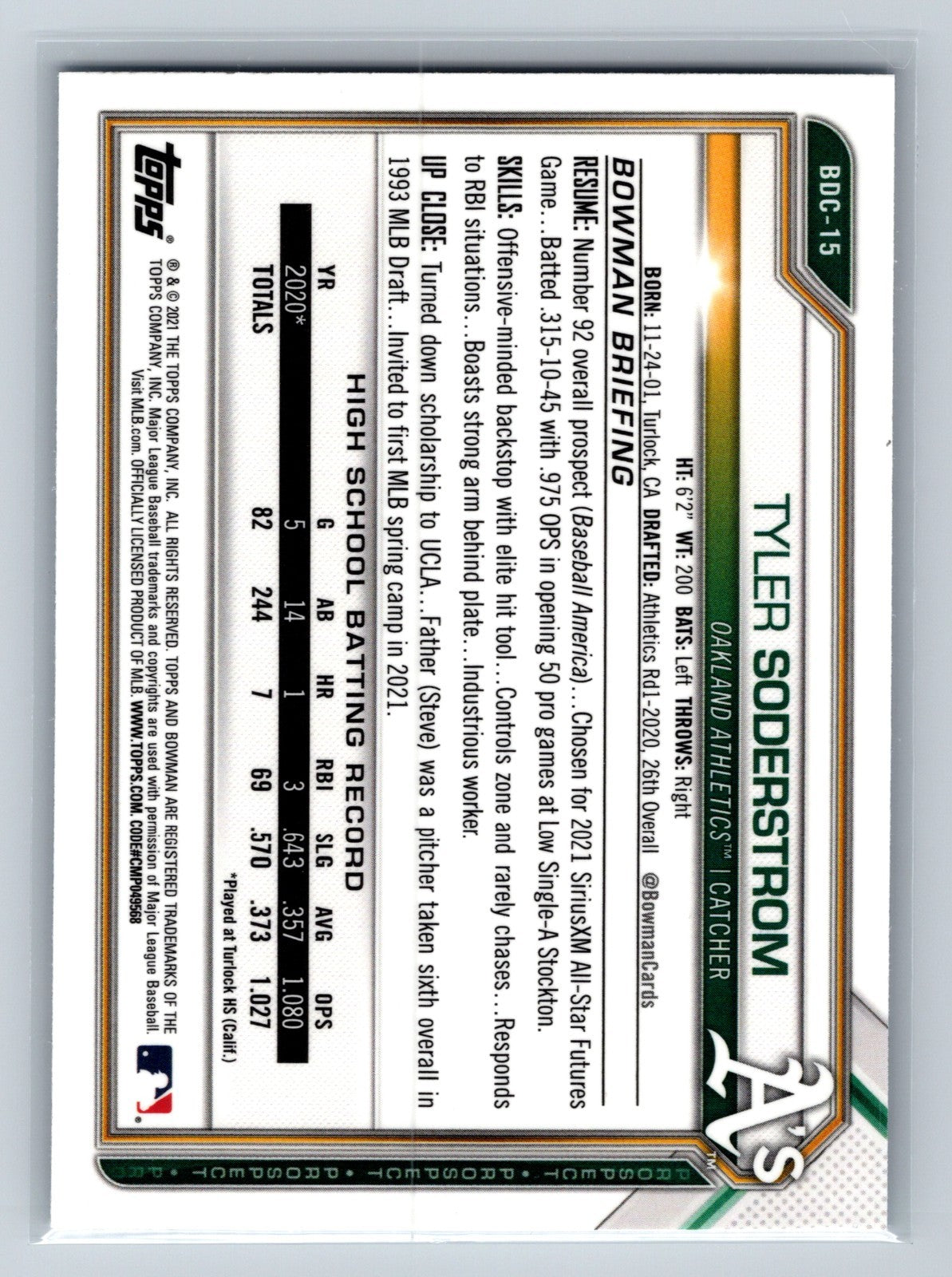 Tyler Soderstrom 2021 Bowman Draft Chrome Sky Blue Refractor #BDC-15 Athletics