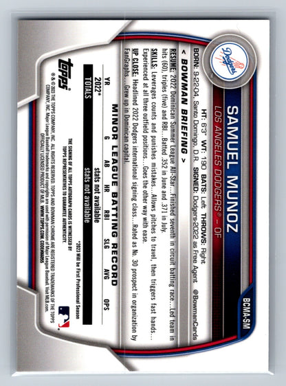 Samuel Munoz 2023 Bowman Chrome Prospect Mega Box Mojo Refractor Auto #BCMA-SM