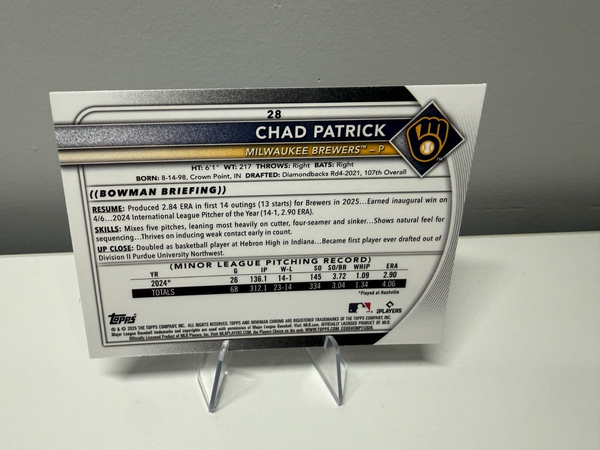Chad Patrick 2025 Bowman Chrome Pulsar Refractor RC /399 #28 Brewers