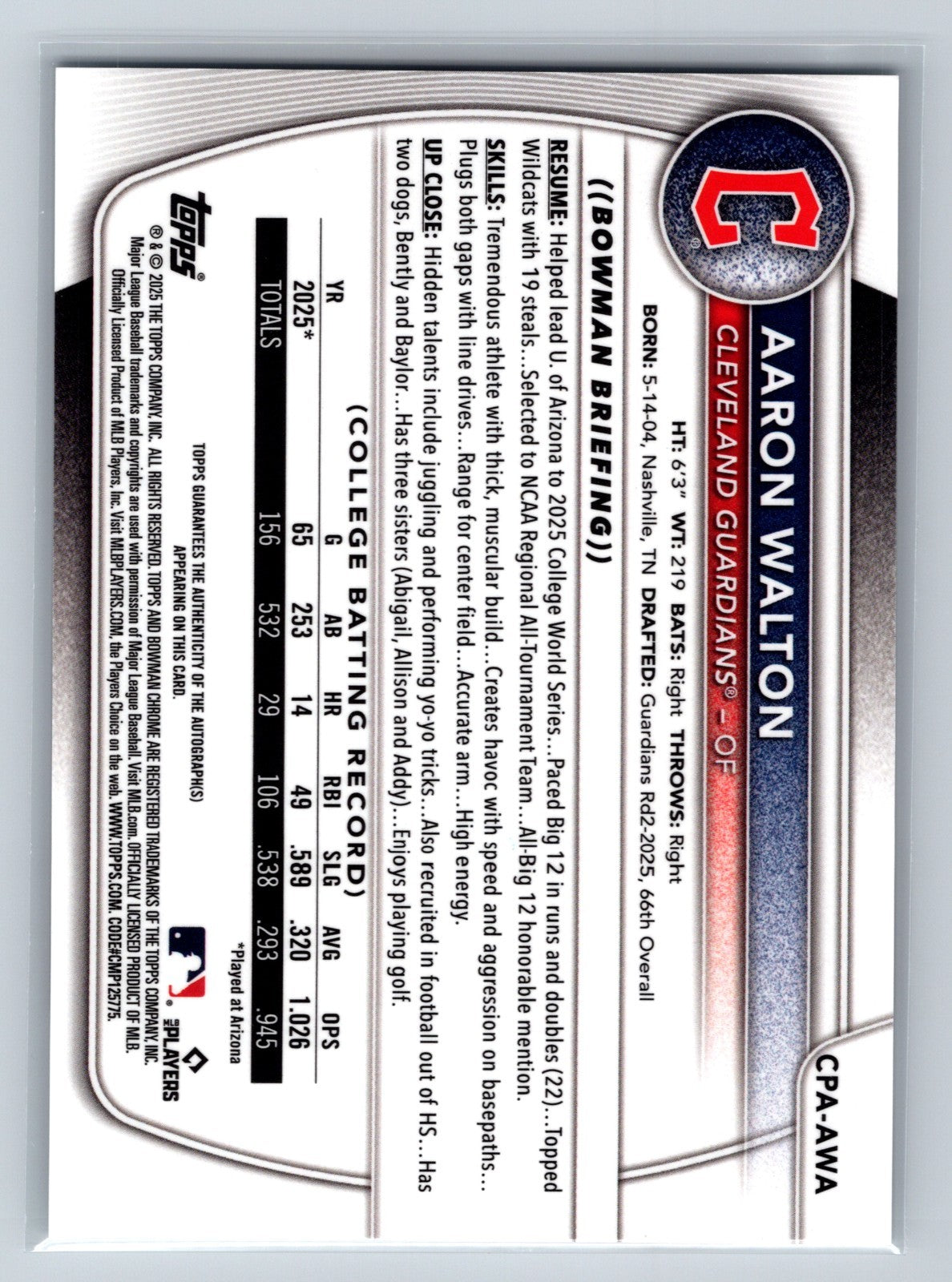 Aaron Walton 2025 Bowman Draft Chrome 1st Auto #CPA-AWA Guardians