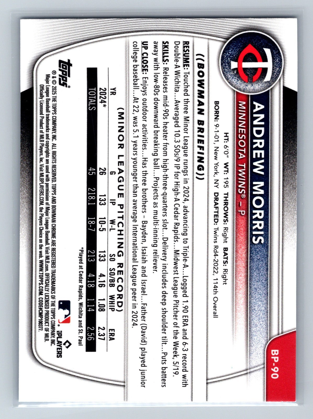 Andrew Morris 2025 Bowman 1st Paper Blue Pattern /125 #BP-90 Twins